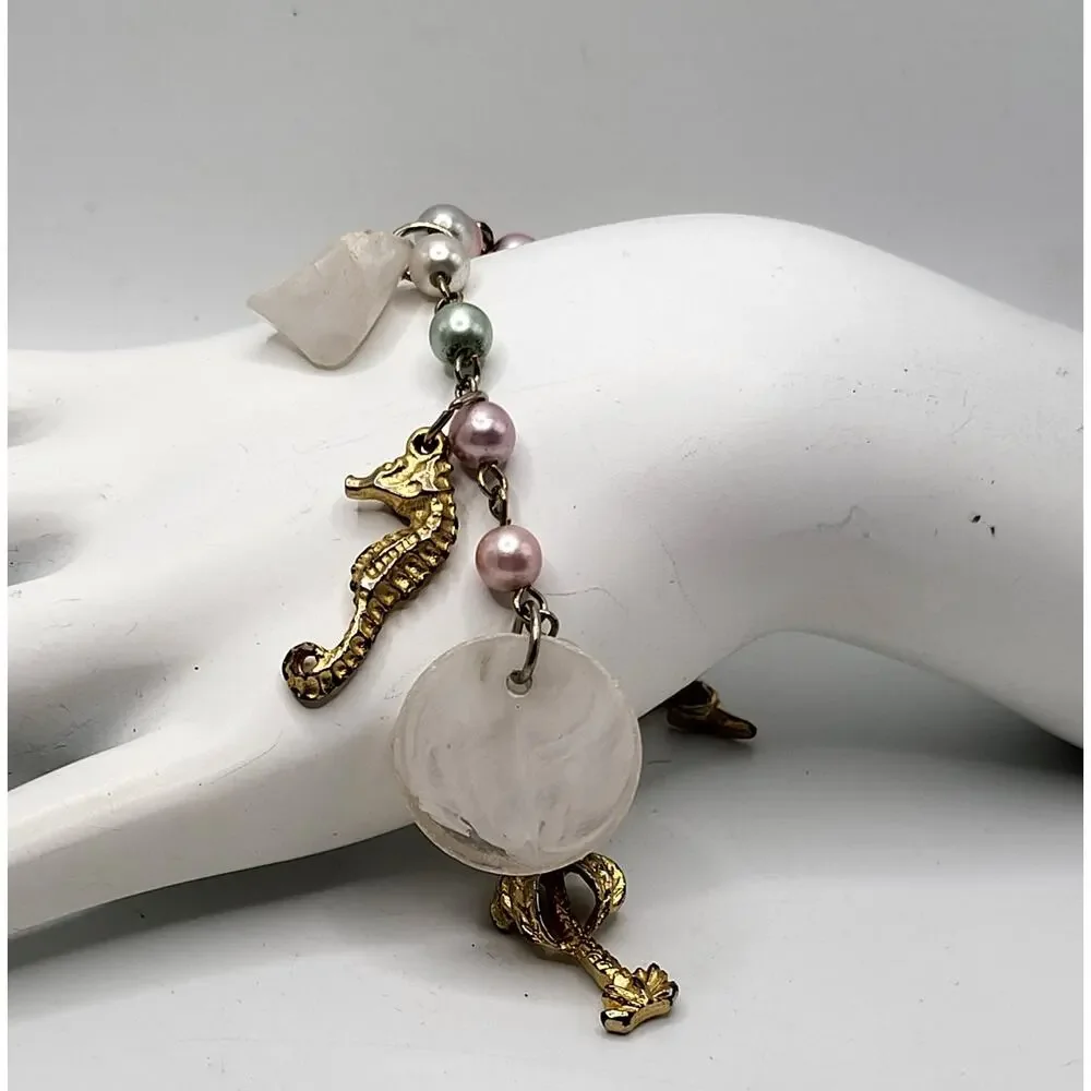 Vintage Charm Bracelet Ocean Nautical Seahorse Palm Trees Alligator Fish Pearl - Picture 2 of 11